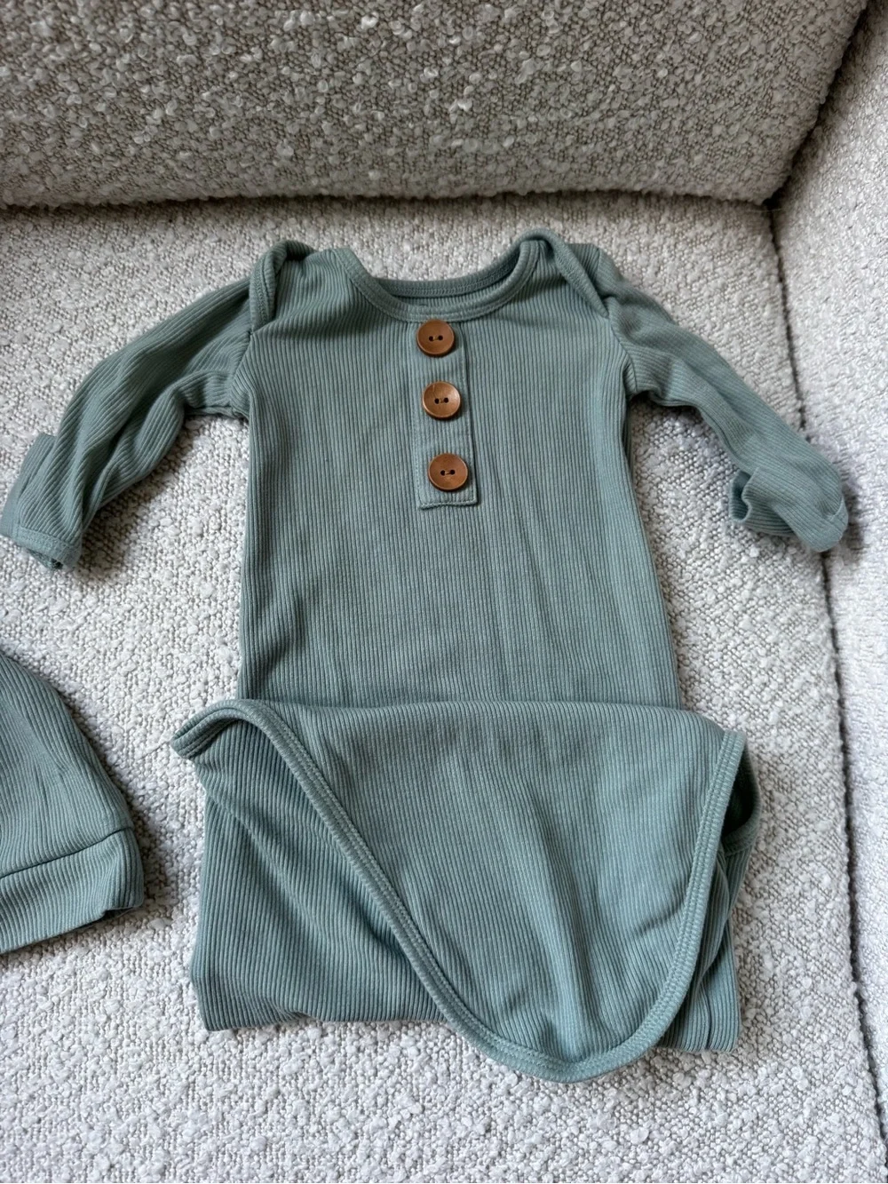 Caden Lane Soft Ribbed Sage Green Baby One-Piece Gown with Hat